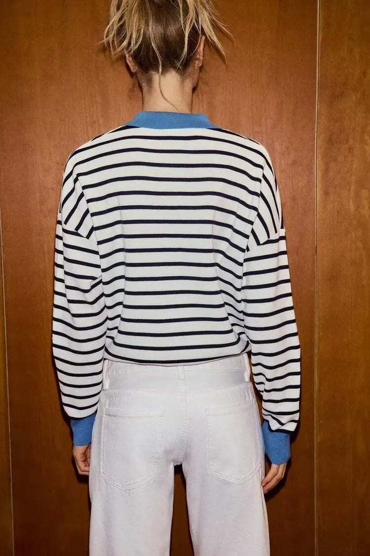 Spring Summer New Women's Knitted Stripe  Shirt Versatile ZR Style Fashion Classic Business Casual Long Sleeve Polyester