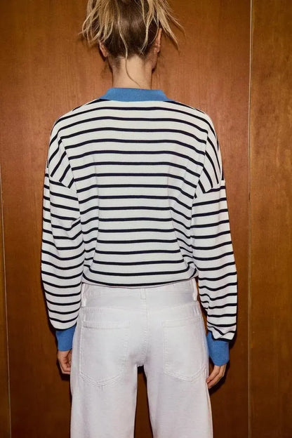 Spring Summer New Women's Knitted Stripe  Shirt Versatile ZR Style Fashion Classic Business Casual Long Sleeve Polyester