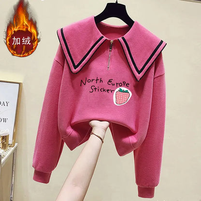 Teenage Girl's Fleece Lined Thickened Navy Collar Sweatshirt Small Size Winter Fashionable Clothing School Sweet Style Zipper