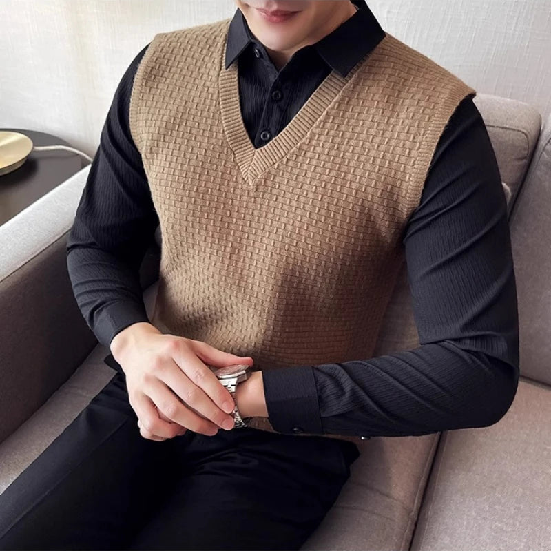 Autumn and Winter Men's V - Neck Knitted  Vest Business Casual Men's Daily Commute Knit Sweater