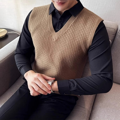 Autumn and Winter Men's V - Neck Knitted  Vest Business Casual Men's Daily Commute Knit Sweater
