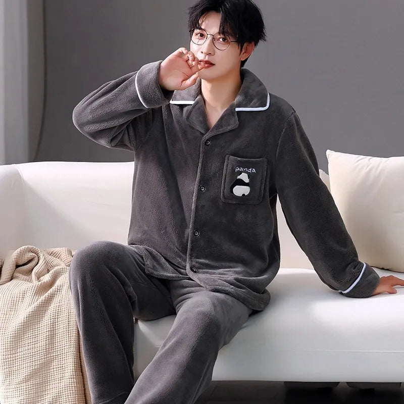 Men's Sleepwear Coral Fleece Flannel Thick Warm Cardigan Home Clothes Autumn Winter Long Sleeve Button up Comfortable Pajamas