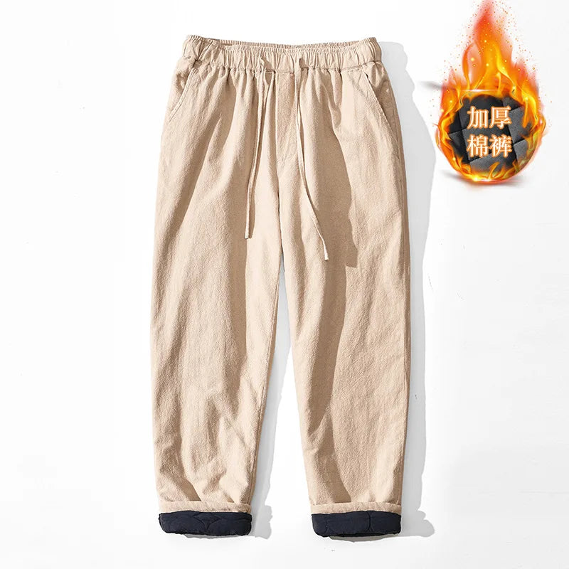 Men's Winter Thickened Cotton Linen Casual Pants Loose Fit Thermal Long Trousers Traditional Chinese Style Warm Cotton Padded