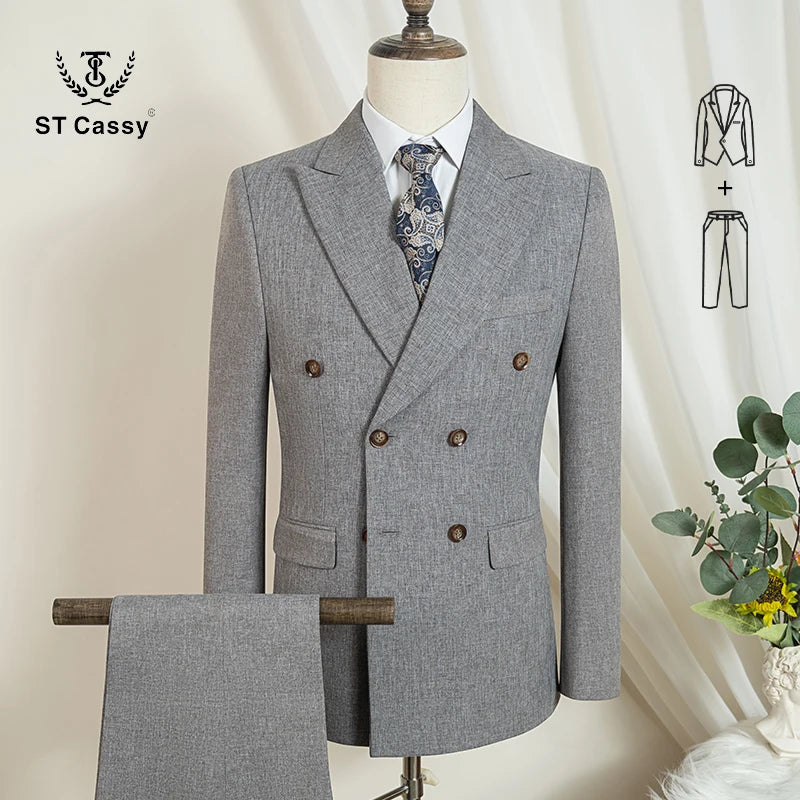 ST Cassy 2-Piece Set (Jacket + Pants) Double-Breasted Man Suit Blue Modern Wedding Suits for Men Slim Fit Business Office Suit