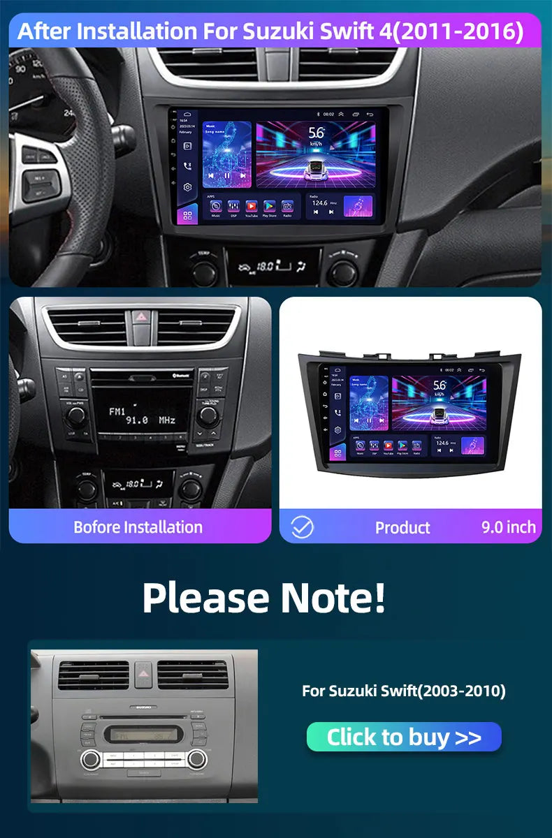 JUNDOF 9" CarPlay 2DIN Android Auto Car Radio Stereo For Suzuki Swift 2011 2012 2013 2014 2015 2016GPS Multimedia Video Player