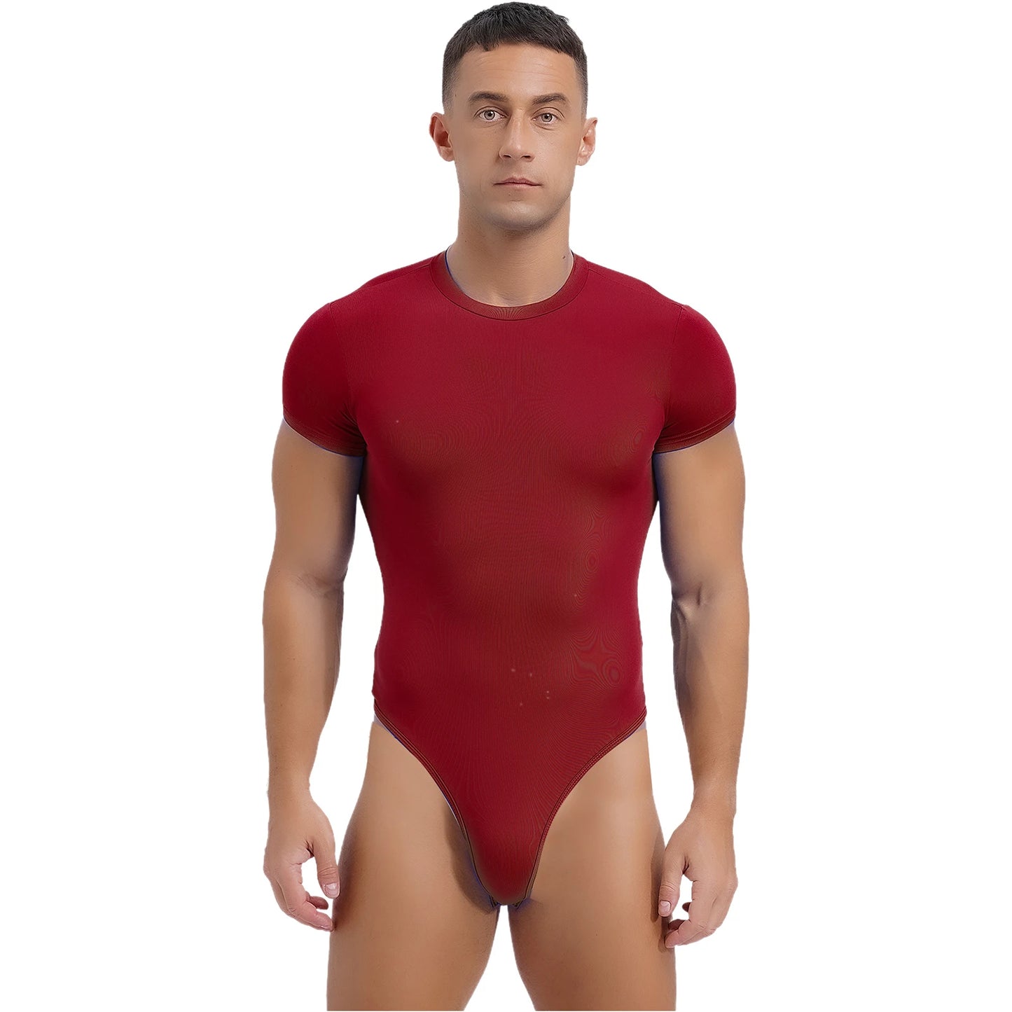 Mens Athletic Bodysuit Shirt Round Neck Short Sleeve High Cut Leotard Button Crotch Jumpsuit Rompers Bodybuilding Yoga Underwear