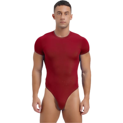 Mens Athletic Bodysuit Shirt Round Neck Short Sleeve High Cut Leotard Button Crotch Jumpsuit Rompers Bodybuilding Yoga Underwear