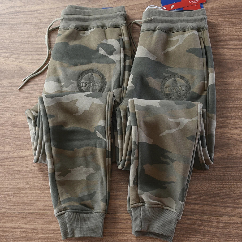 Winter American Retro Thickened Velvet 3D Letter Camouflage Sweatpants Men's Fashion Drawstring Sports Casual Ankle-tied Pants