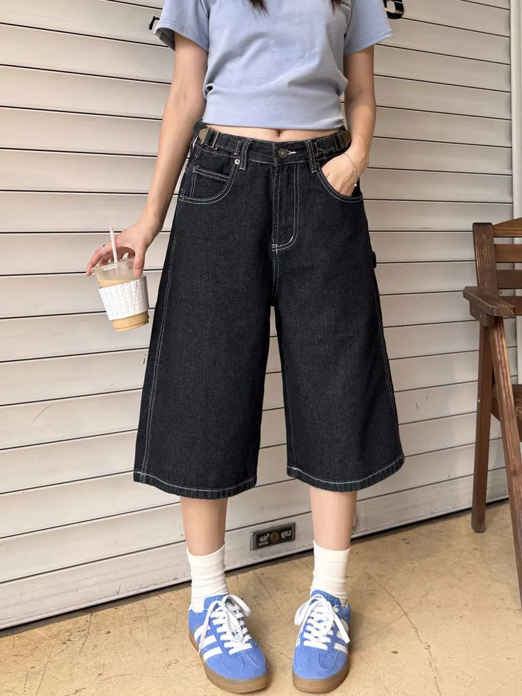 American Retro Loose Wide Leg Street Jeans Seven-Foot Casual Shorts Men Women Summer Small Audience Knee-Covering Jeans
