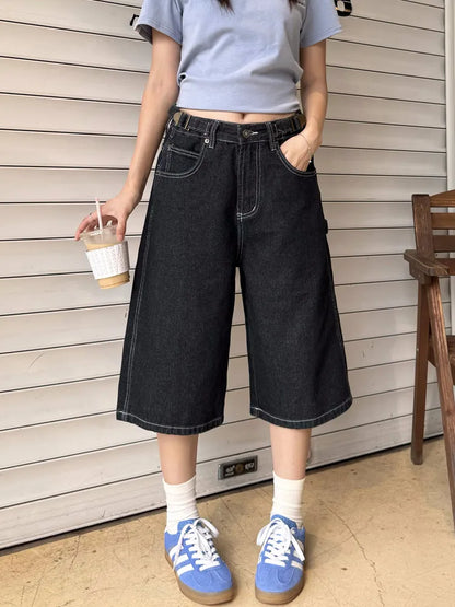 American Retro Loose Wide Leg Street Jeans Seven-Foot Casual Shorts Men Women Summer Small Audience Knee-Covering Jeans