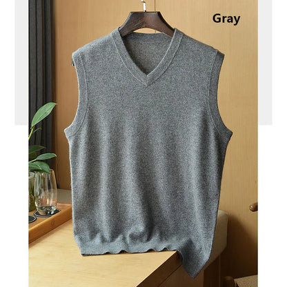 Autumn and Winter Men 100% Cashmere T-shirt V-neck Vest Simple Generous Wool Jumper Blue Soft Skin Breathable Men's Clothing