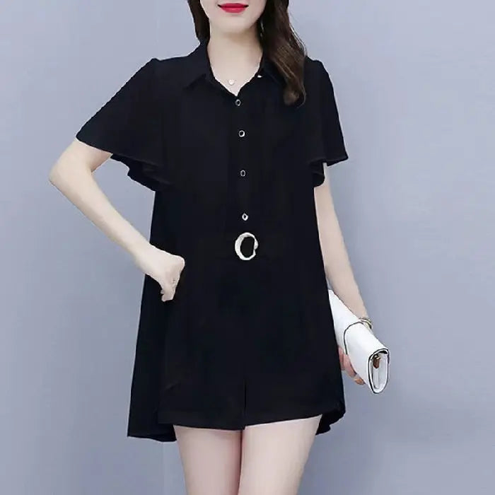 Ladies Fashion Fake Two-piece Top Shorts Loose Temperament and Age Reducing Set Office Lady Simplicity Trend Temperament