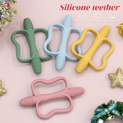 One-piece silicone teething stick with handle, baby toy teether, 6 colors, easy to grip, corn-shaped teether, BPA-free.
