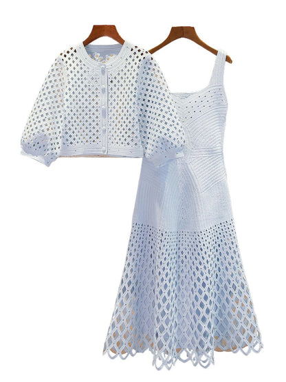 M Home Nan You High End Women's Spring 2026 Lantern Sleeve Rhinestone Knitted Jacket Strap Dress Set Fashionable Commute Style