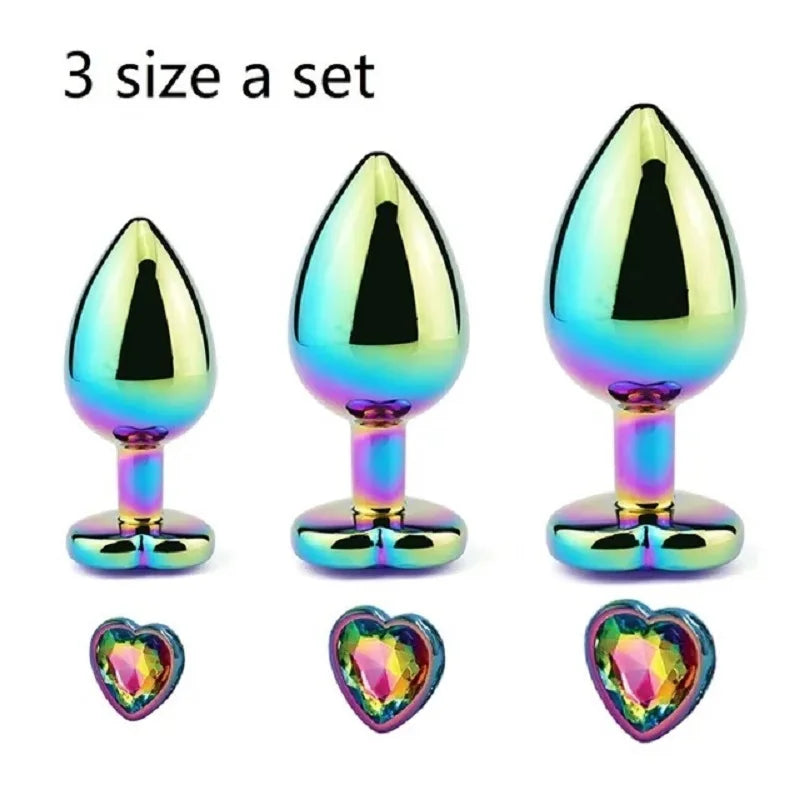 Rose Gold Rainbow Metal Anal Beads Butt Plug Set Colorful Crystal Mini Small Medium Large Anal Plug Jewelry Sex Toy Insert