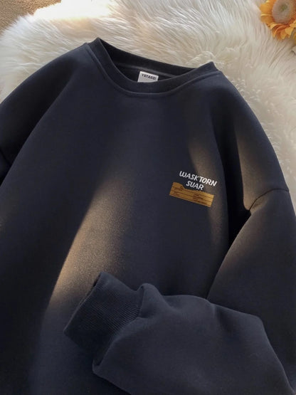 American Retro Fleece Lined Long Sleeve Letter Print Sweatshirt Unisex Autumn Winter Casual Fashion Versatile Men's Women's Top