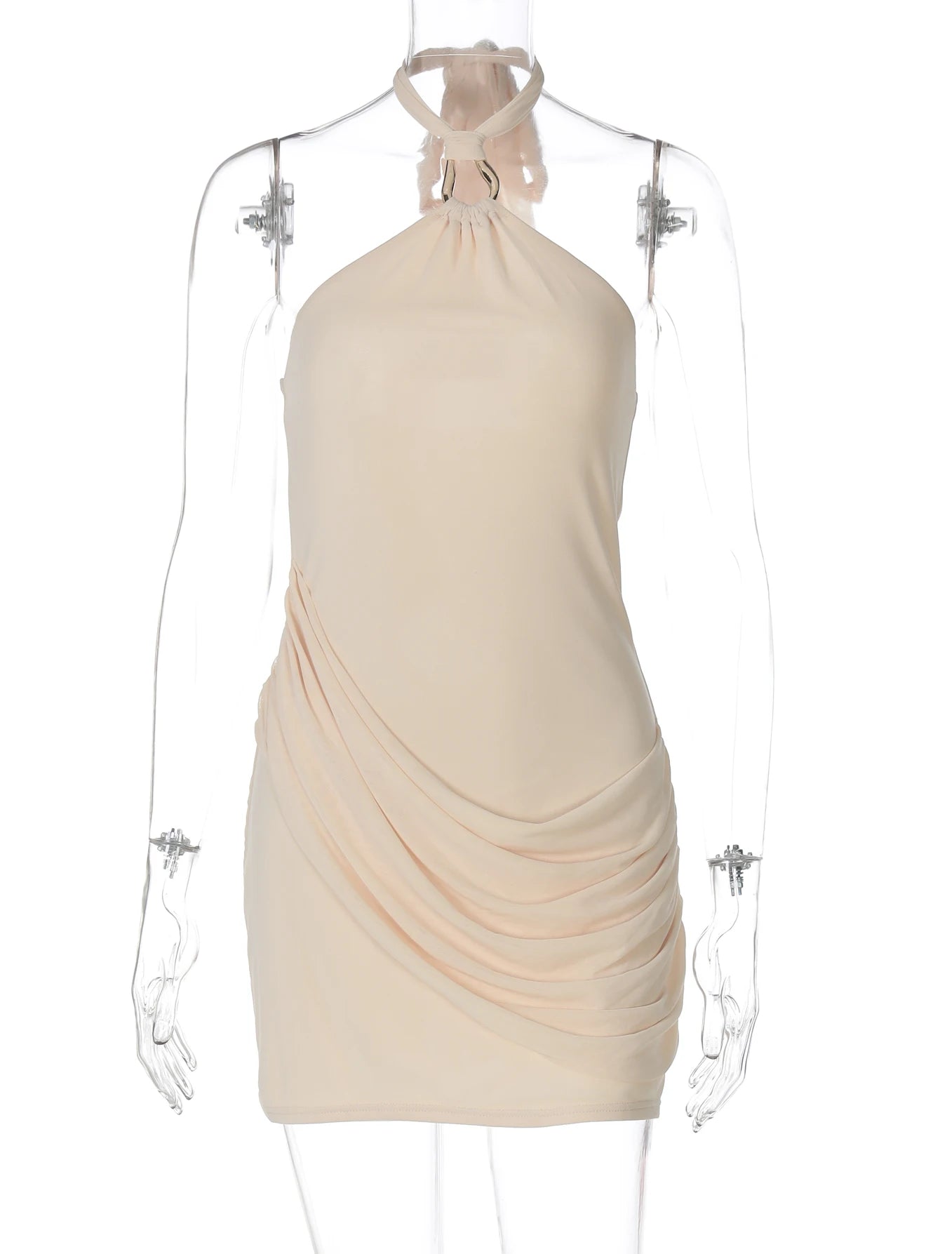 Hugcitar Halter Solid Sleeveless Backless Lace Up Ruched Sexy Bodycon Mini Dress Summer Women Clothes Party Festival Outfit