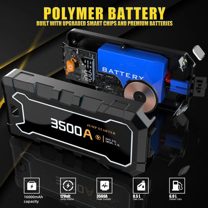 16000mAh Car Jump Starter 12V Booster for Gas&Diesel Car Portable Battery Starter Power Supply Wireless Charging Lighting