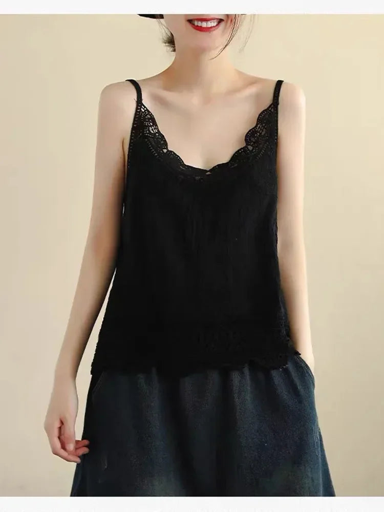 Summer New Retro Bohemian Embroidery Lace V-neck Age Reduction Cotton Camisole Female Sweet Blouse Women KK520