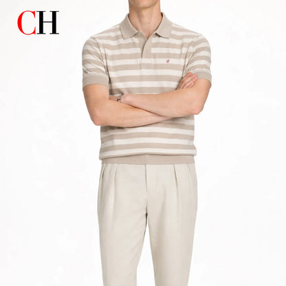 CH Men Two Tone Striped Short Sleeve Polo Shirt Distinct Tiny Brand Embroidery Left Chest Minimalist Golf Vacation Commute Wear