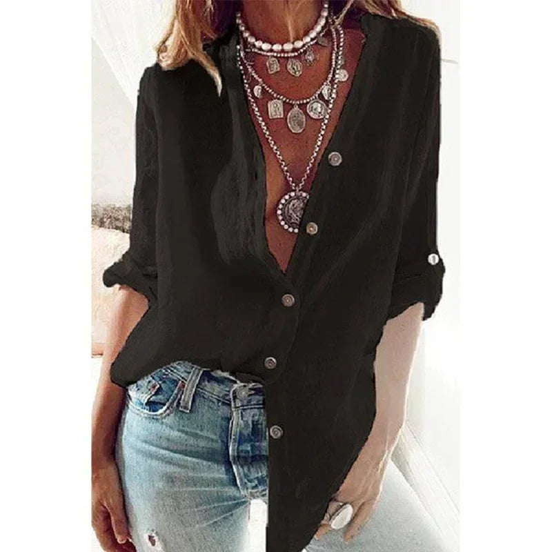 New Helisopus Summer New Women's Cotton Linen Shirt Fashion Button Solid Color Casual Loose V-Neck Long Sleeve Top Commuter Wear