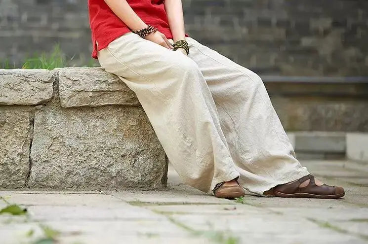 Cotton Linen Bloomers Wide Leg Pants Women Vintage Full Length Fashion Elegent Pants Solid Elasitic Waist Spring Autumn 5XL
