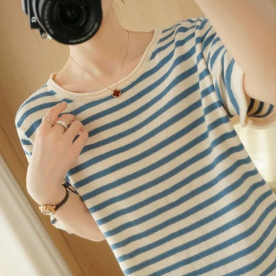 100% Pure Cotton Summer Stripe Short Sleeve T-Shirt Women Loose round Neck Vest Cotton Linen Half Sleeve Commute Style Simple