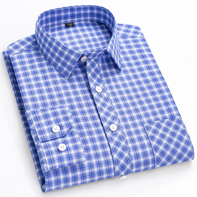 The New Men's Long-Sleeved Shirt Is Cool and Casual. It's a Thin, All-Cotton, Streetwear Checkered Style for Spring and Summer