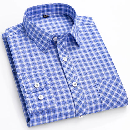 The New Men's Long-Sleeved Shirt Is Cool and Casual. It's a Thin, All-Cotton, Streetwear Checkered Style for Spring and Summer