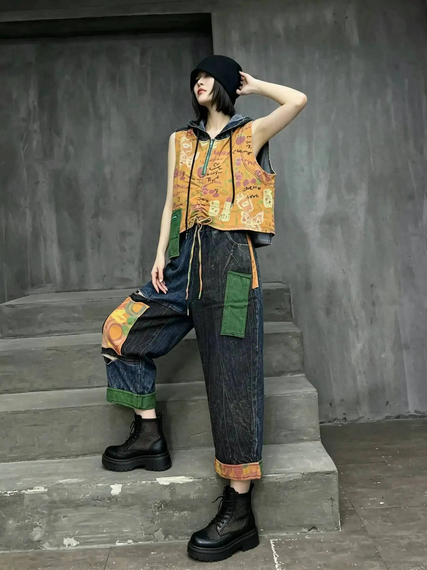 Distressed Color-blocked Denim Patchwork Hooded Vest + Jeans Two-piece Set Women 2026 Summer Stylish Fashion Suit XY324