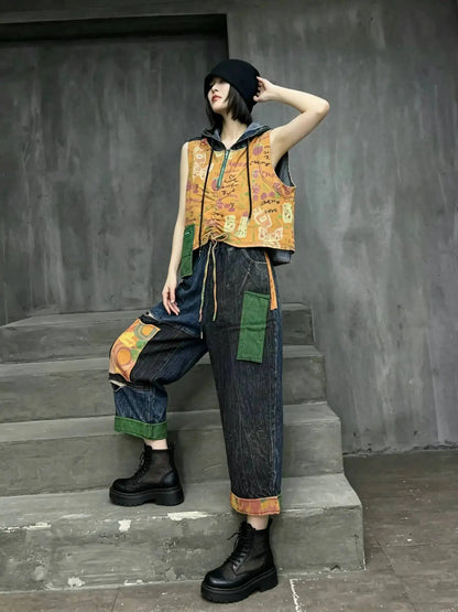 Distressed Color-blocked Denim Patchwork Hooded Vest + Jeans Two-piece Set Women 2026 Summer Stylish Fashion Suit XY324