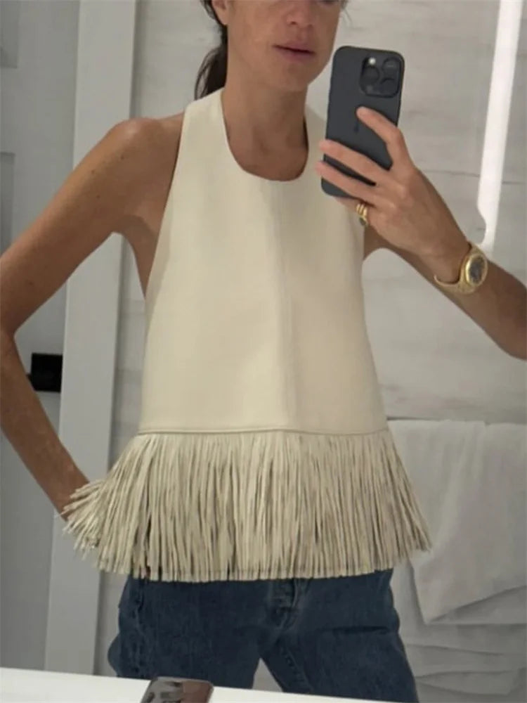 Tossy Female Tassel Backless PU Tank Top Sexy Patchwork Slim Summer 2026 New High Waist Commute Top Women's PU Leather Top Vest