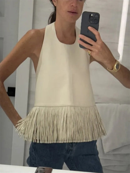 Tossy Female Tassel Backless PU Tank Top Sexy Patchwork Slim Summer 2026 New High Waist Commute Top Women's PU Leather Top Vest