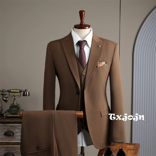New Men's Slim Fit Business Suit Set 3 Pieces,Classic Graceful Solid Suits For Interview Office,Stylish Peak Lapel Men Tuxedo