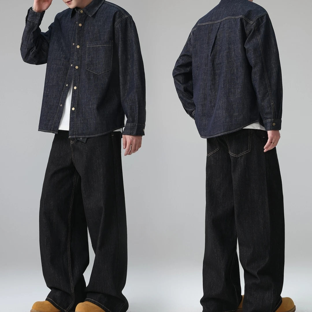 Mens Raw Denim Shirt American High Street Plus Size Oversized Long Sleeve Button Down Spring Autumn Trendy Casual Blue Tops