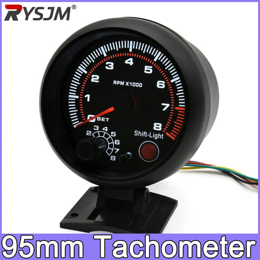 Black Tachometer Gauge with Red Shift Light Universal 3.75 Inch 95mm 12V White LED Auto 0-8000 RPM Meter Tacometro Tach Gauge