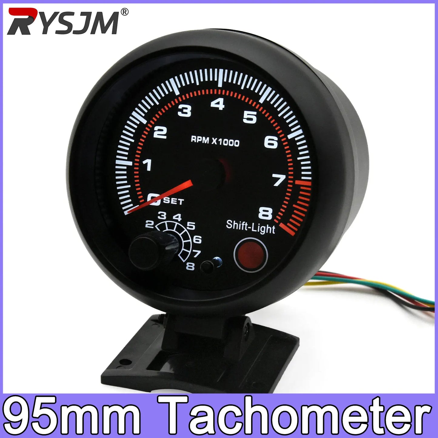 Black Tachometer Gauge with Red Shift Light Universal 3.75 Inch 95mm 12V White LED Auto 0-8000 RPM Meter Tacometro Tach Gauge
