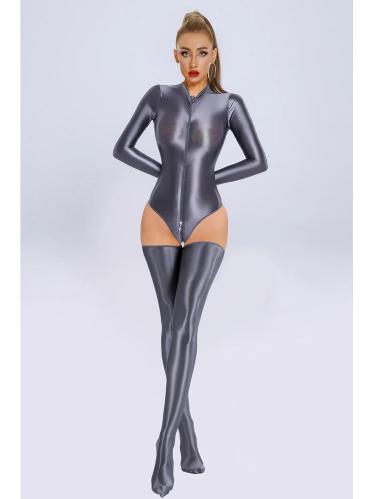 New Glossy Shiny Long Sleeve Swimsuit Zipper Crotch Bodysuit Tights Body Teddies Sukumizu High Elastic Leotard Unitard Tshirt