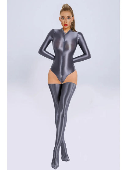 New Glossy Shiny Long Sleeve Swimsuit Zipper Crotch Bodysuit Tights Body Teddies Sukumizu High Elastic Leotard Unitard Tshirt