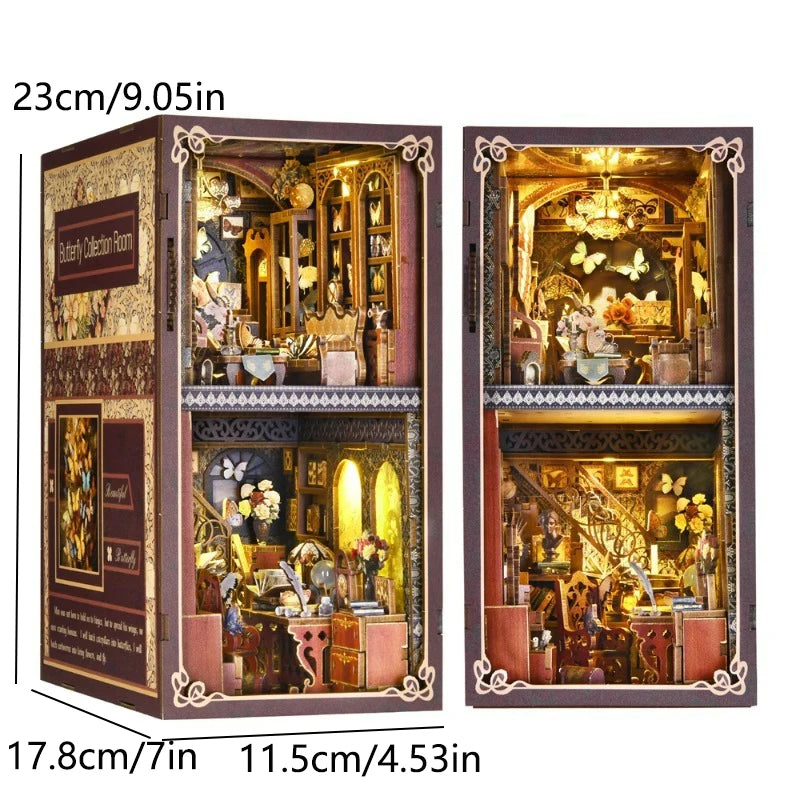 DIY Wooden Bookshelf Dollhouses Book Nook Shelf Insert Miniature Model Kits With Light Bookshelf Bookend Wooden Puzzle Toys Gift
