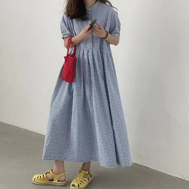 Summer New Long Sleeveless round Neck Plaid A-Line Dress Women's Sweet Style Cross-Border Fashion Cotton Linen Dress