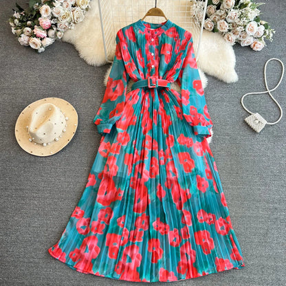 Ele Vintage Long Sve A-Line Printed Gown with Pleated Skirt And Slimming Waist Design for Young Women Korean Sle Com...