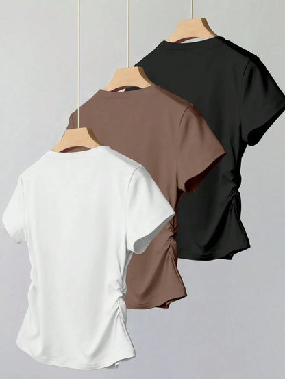 Women 3 Pack Solid Color T-Shirt Casual Ruched Side Crew Neck Short Sleeve Slim Fit Top Set