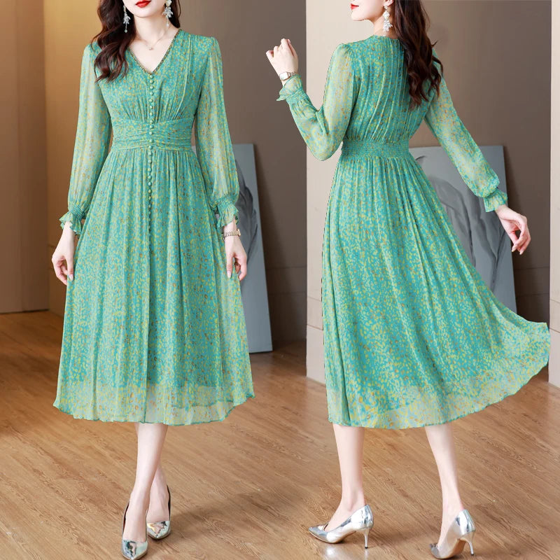 Spring Summer Green Floral Silk Long Dress Women Fashion Casual Holiday Beach Dress 2024 Korean Elegant Luxury Dance Party Dress