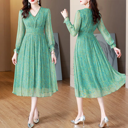 Spring Summer Green Floral Silk Long Dress Women Fashion Casual Holiday Beach Dress 2024 Korean Elegant Luxury Dance Party Dress