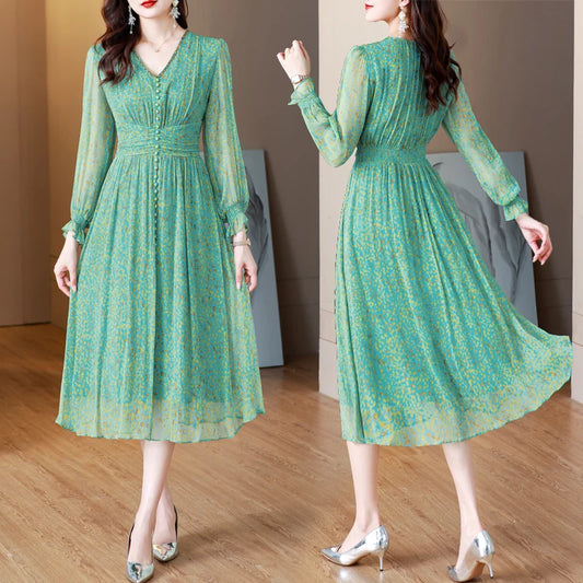 Spring Summer Green Floral Silk Long Dress Women Fashion Casual Holiday Beach Dress 2024 Korean Elegant Luxury Dance Party Dress