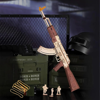 ROKR AK47 wooden rifle model toy, DIY rubber band gun, 3D wooden model assembly kit, single shot/burst mode