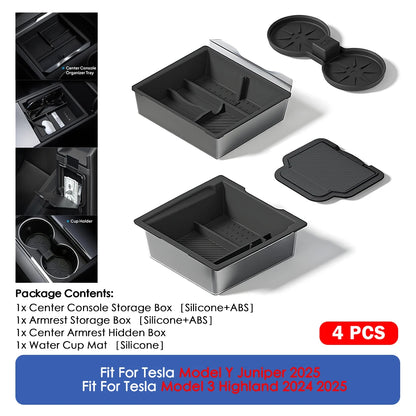 For Tesla Model Y Juniper 2025 & Model 3 Highland 2024 2025 ABS Center Console Organizer Tray Armrest Storage Box Accessories