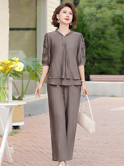 Mother's Day Fashionable Summer Outfit Set Casual Short Sleeve Two-Piece Suit for Middle-Aged Women Polyester Fiber V-Neck