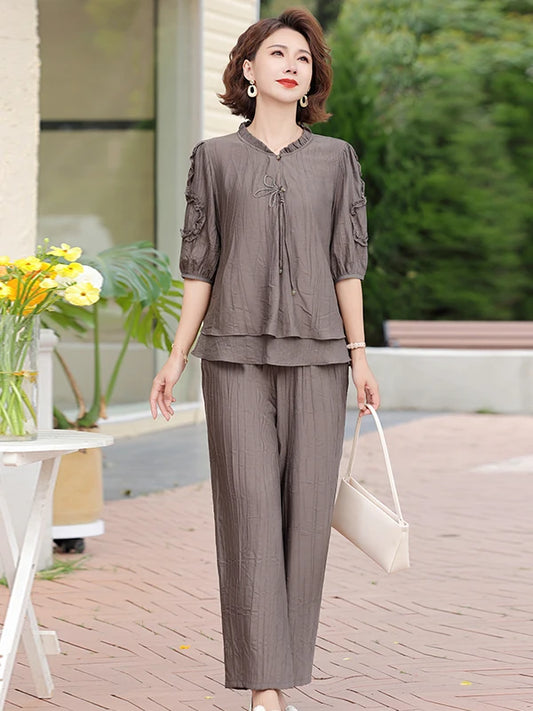 Mother's Day Fashionable Summer Outfit Set Casual Short Sleeve Two-Piece Suit for Middle-Aged Women Polyester Fiber V-Neck
